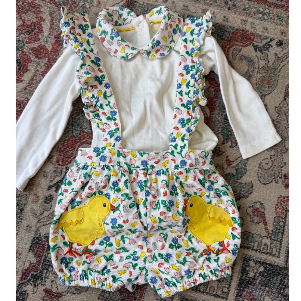 Baby Boden Floral Chick Bubble Romper Suspenders Set Duck Chick Appliqué 6-9 Mo